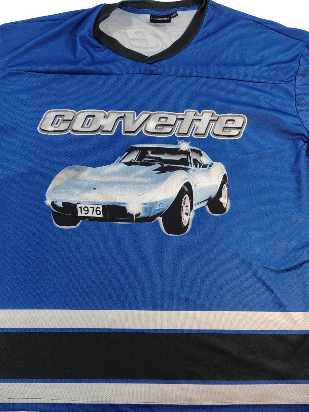 Men's XXL White & Blue Jersey Style Corvette Themed Graphic Tee By Chemistry